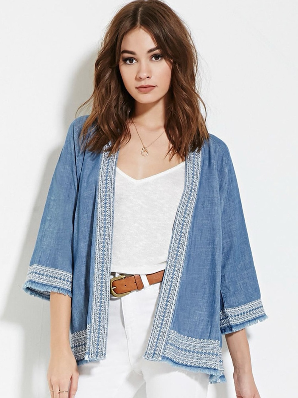 Forever 21 Light Blue Embroidered Denim Jeans Jacket